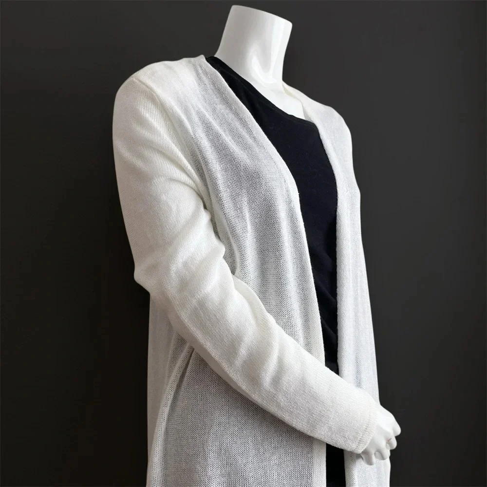 NEW J.Jill Linen White Open Front Long Sweater Knit Cardigan Neutral Coastal L - Picture 5 of 8